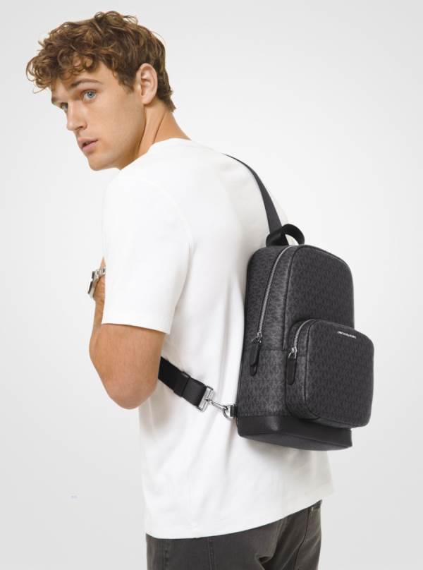 Panske Crossbody Kabelka Michael Kors Hudson Logo Sling Pack Čierne - Tasky Michael Kors Slevy | CBFDU-0196